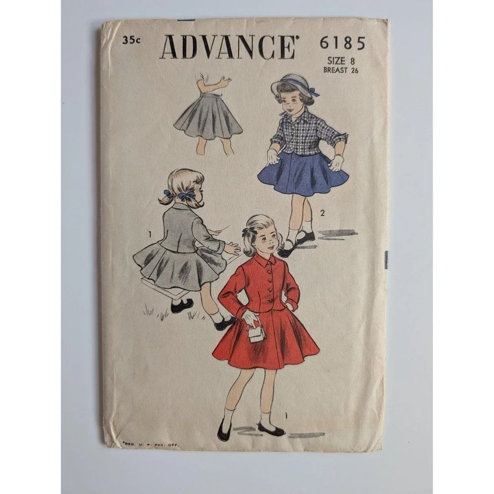Advance 6185 Girls Suit and Skirt Sewing Pattern Size 8 Breast 26 VTG 1950s